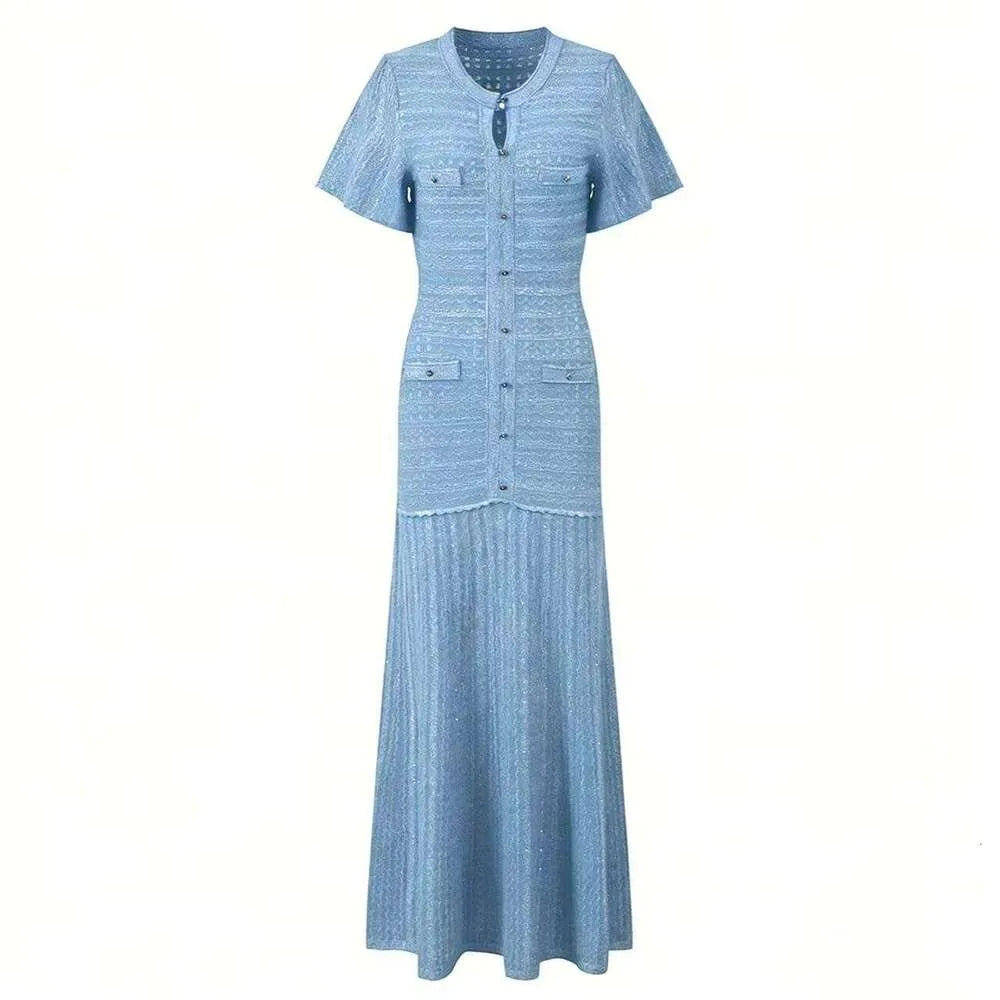 Robe Sandro - Longue Maille Strassée - Bleu Ciel