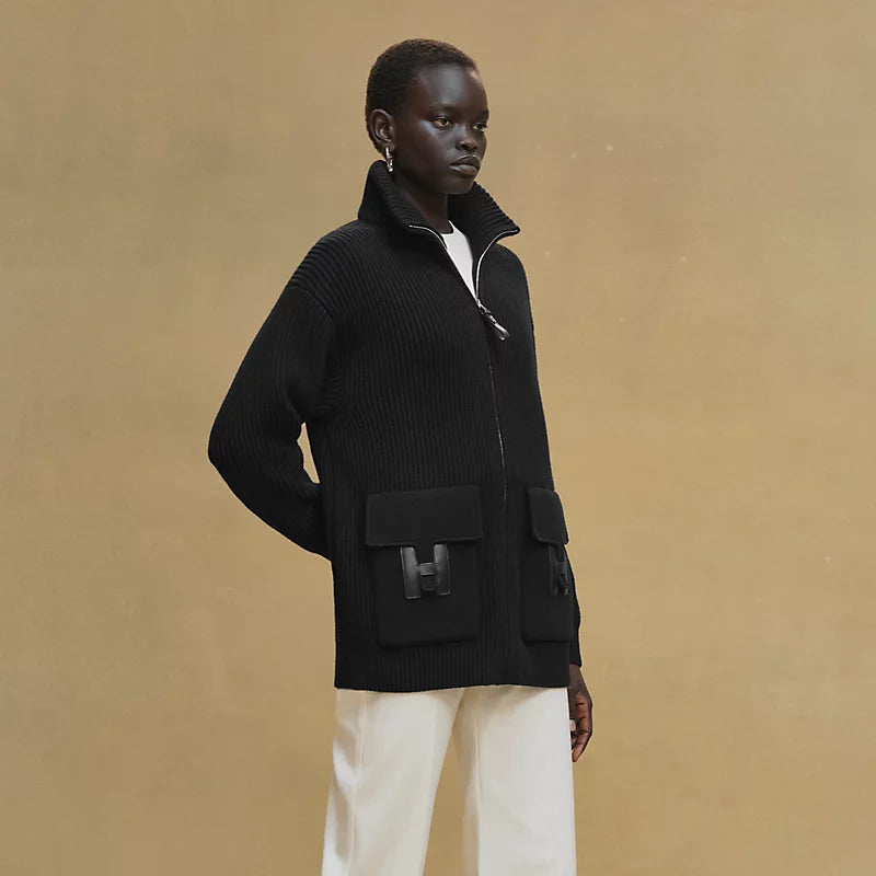 Blouson Hermès détails cuir - Noir