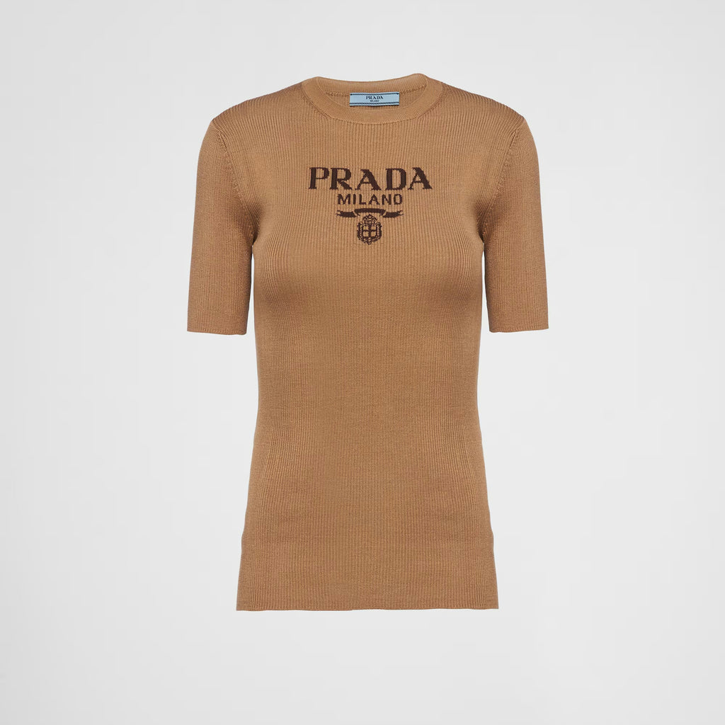 T-Shirt Prada - Col rond en soie avec logo - Marron