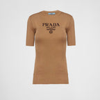 T-Shirt Prada - Col rond en soie avec logo - Marron