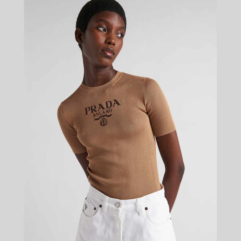 T-Shirt Prada - Col rond en soie avec logo - Marron