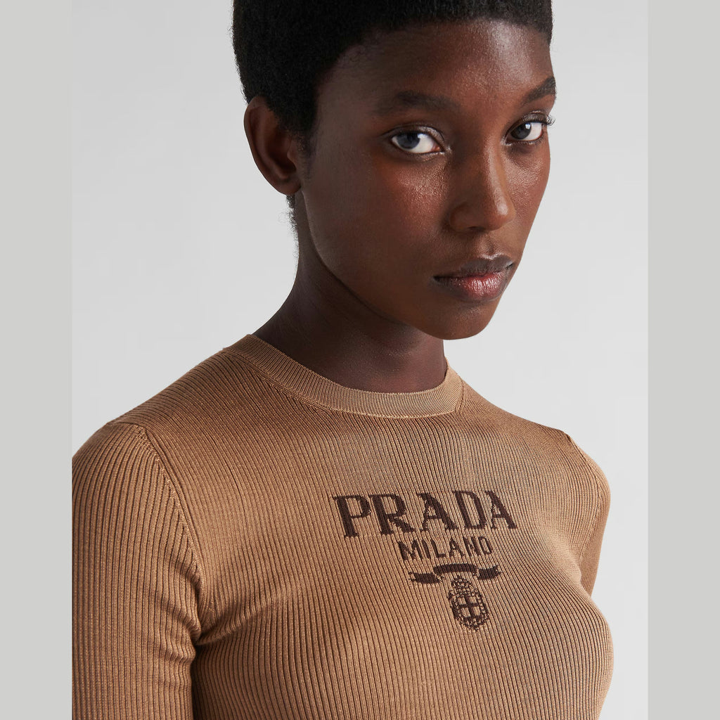 T-Shirt Prada - Col rond en soie avec logo - Marron