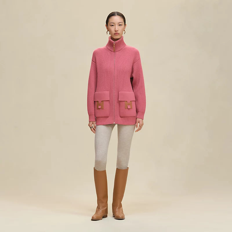 Blouson Hermès détails cuir - Rose